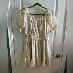 Lulus Touch of Glam White Dotted Off-the-Shoulder Mini Dress, size Medium